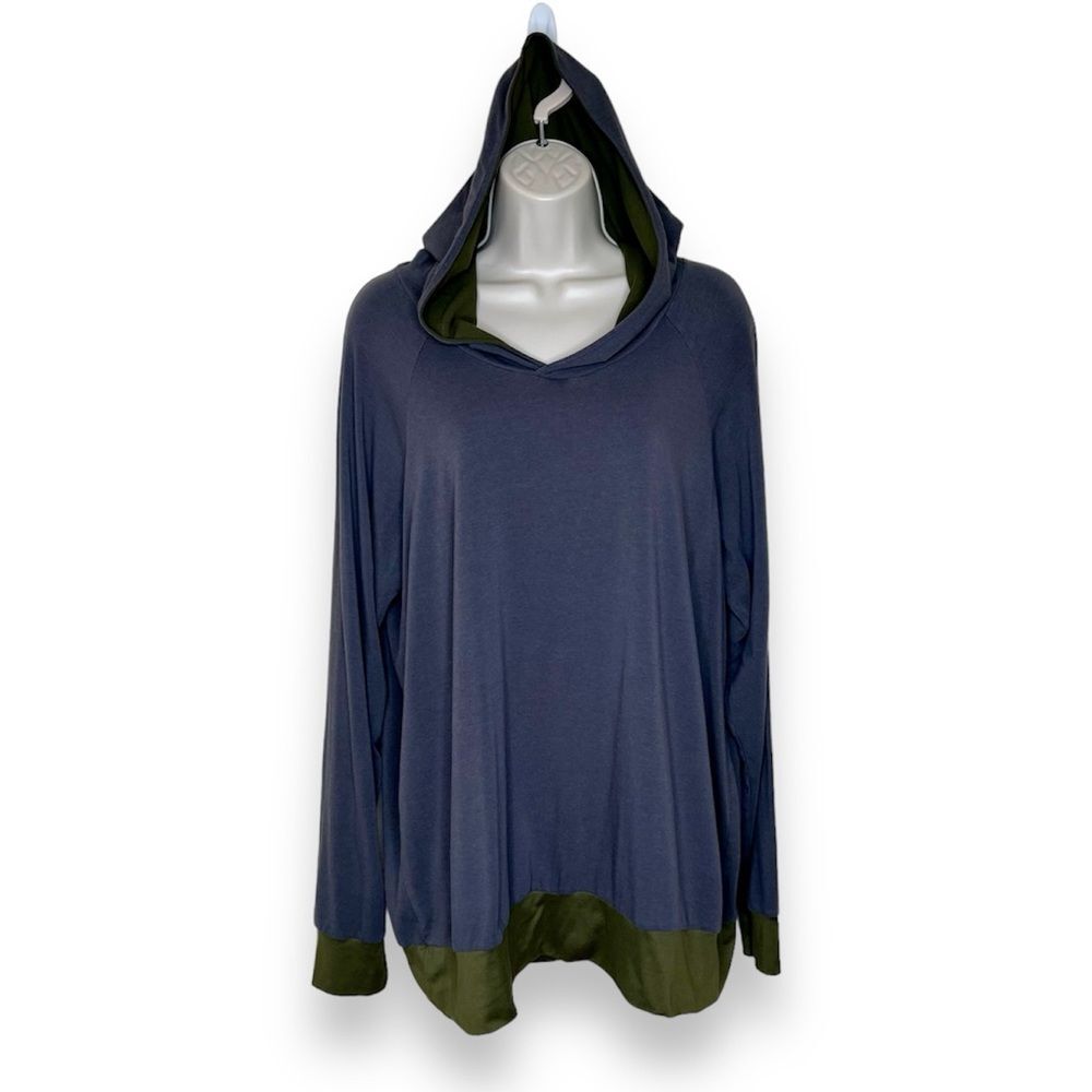 Long Sleeve Hoody T Shirt Pullover Gray Olive Green Banded Womens Size Large